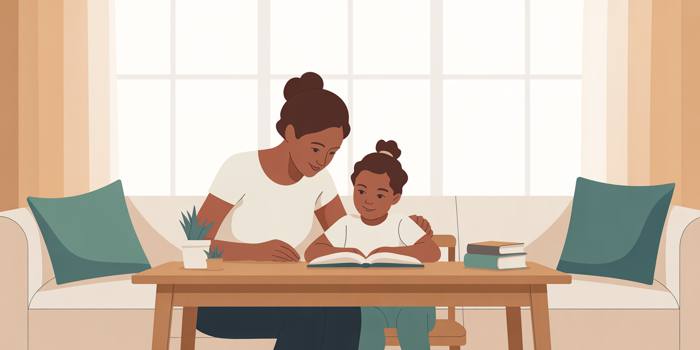 Mother and child learning together at home - peaceful homeschool scene